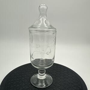 Vintage Pedestal Crystal Glass Candy Jar w Lid Floral Etched Footed